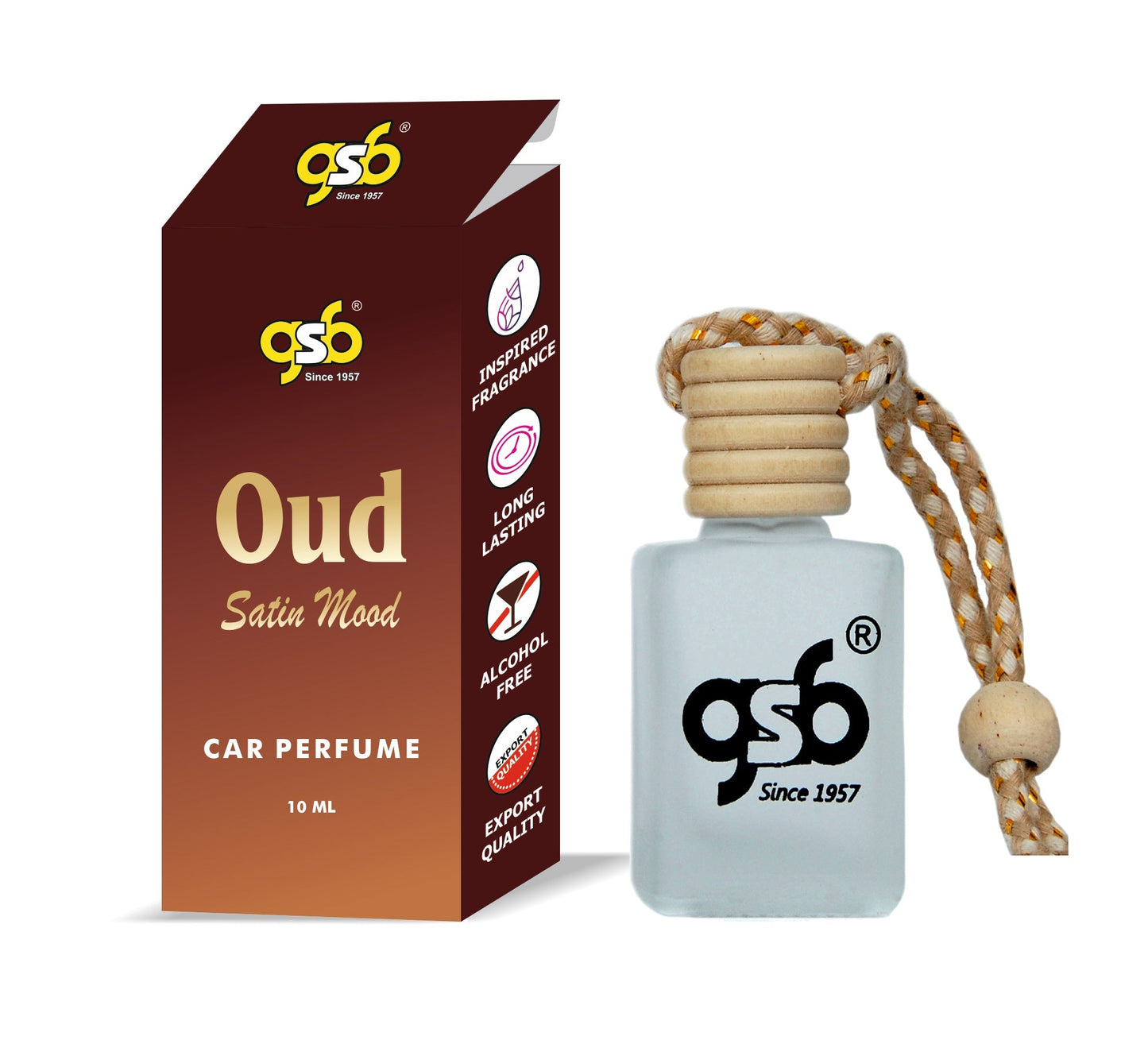 GSB Satin Oud Hanging Car Air Freshener Inspired From Oud Satin Mood MFK | Natural Fragrance In Glass Bottle With Wooden Diffuser Lid | 10 Ml
