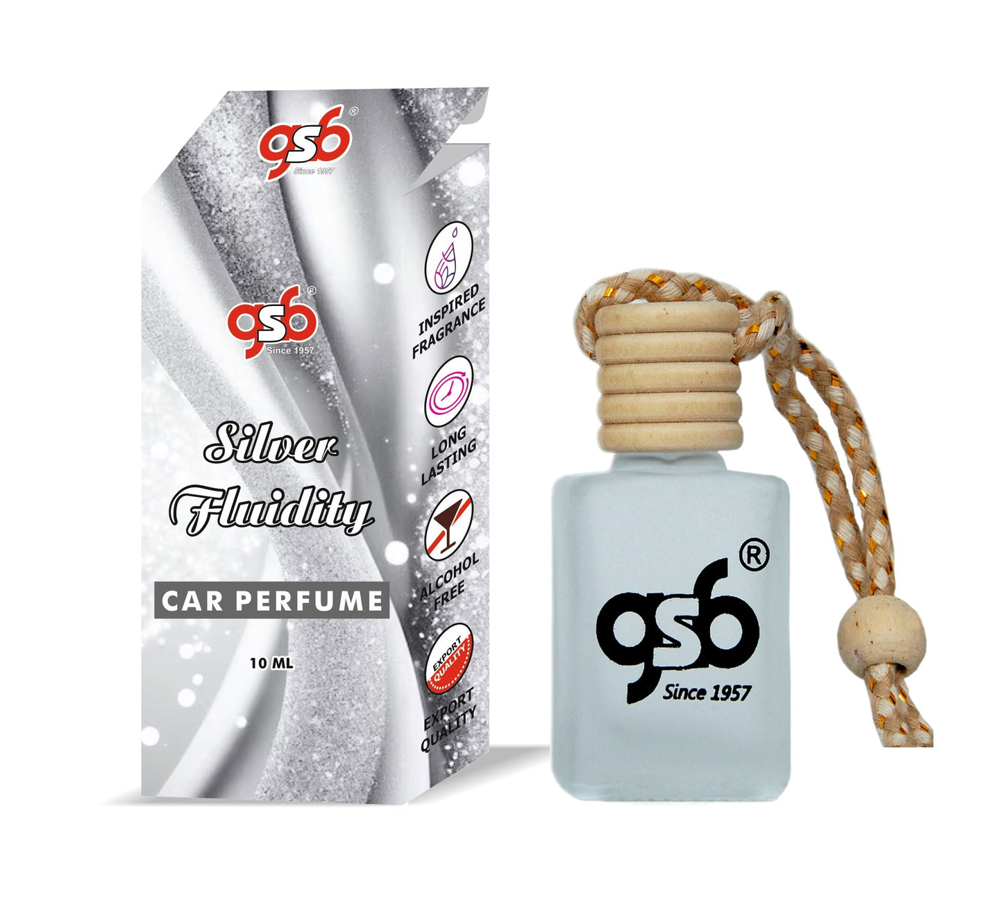 GSB Silver Fluidity Hanging Car Air Freshener Inspired From MFK Silver Fluidity | Natural Fragrance In Glass Bottle With Wooden Diffuser Lid | 10 Ml