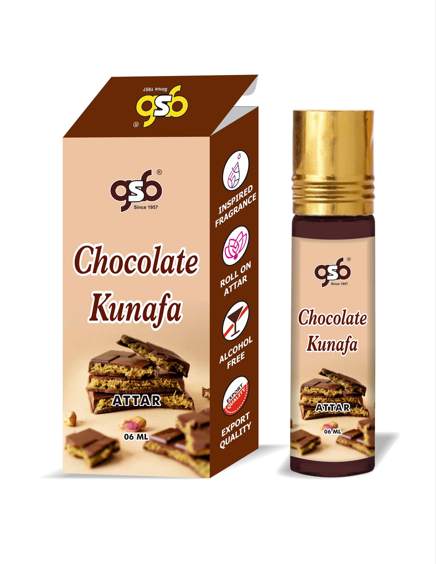 GSB Chocolate Kunafa Attar Pure Natural Attar/Itra/Perfume Roll On | Alcohol Free | Long Lasting | Undiluted | Unisex | 6 ml