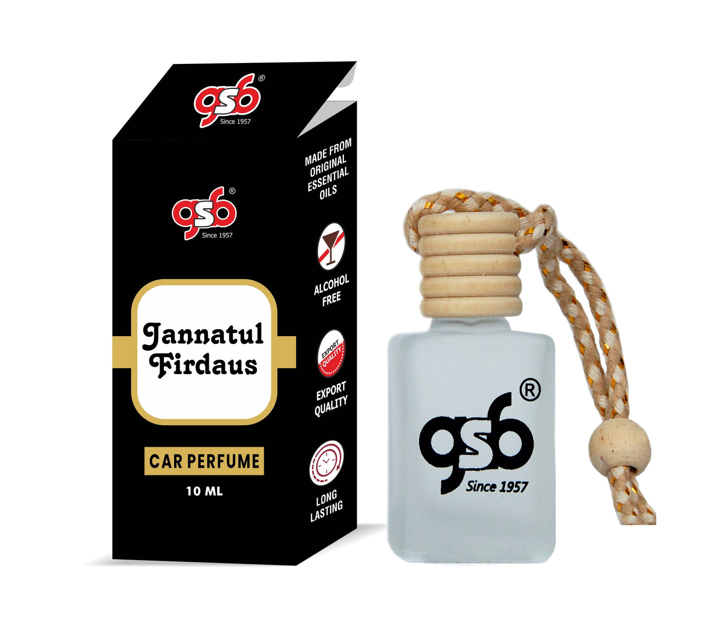 GSB Jannatul Firdaus Hanging Car Air Freshener | Long Lasting Car Perfume | Natural And Real Fragrance In Glass Bottle With Wooden Diffuser Lid | 10 Ml