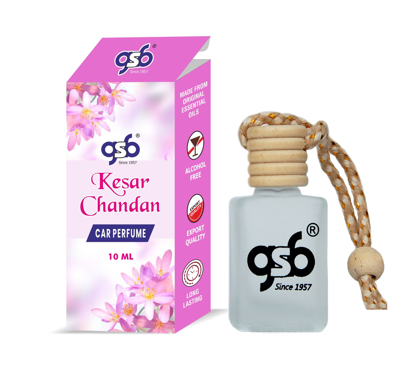 GSB Kesar Chandan Hanging Car Air Freshener | Long Lasting Car Perfume | Natural And Real Fragrance In Glass Bottle With Wooden Diffuser Lid | 10 Ml