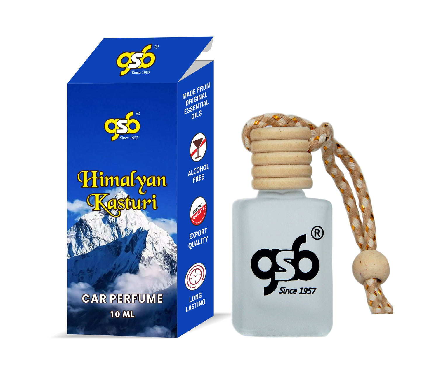 GSB Himalyan Kasturi Hanging Car Air Freshener | Long Lasting Car Perfume | Natural And Real Fragrance In Glass Bottle With Wooden Diffuser Lid | 10 Ml