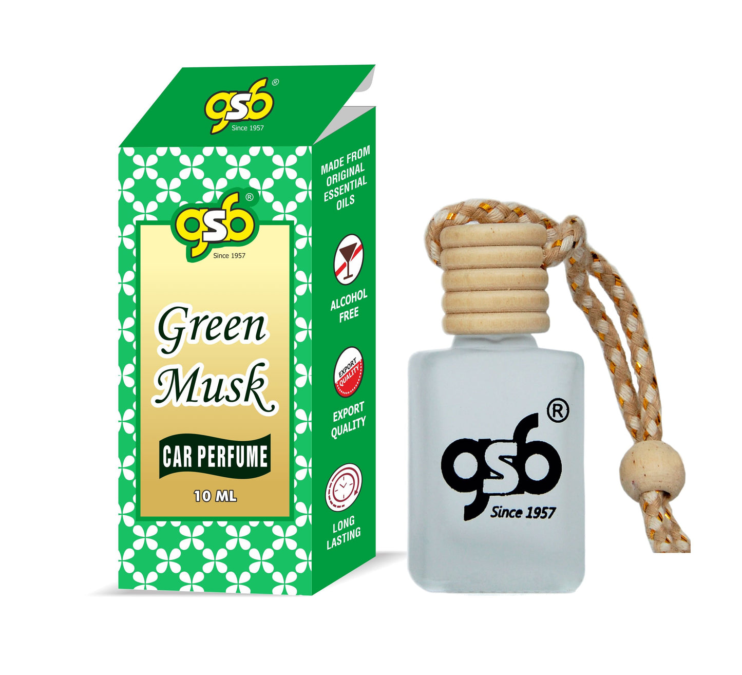 GSB Green Musk Hanging Car Air Freshener | Long Lasting Car Perfume | Natural And Real Fragrance In Glass Bottle With Wooden Diffuser Lid | 10 Ml