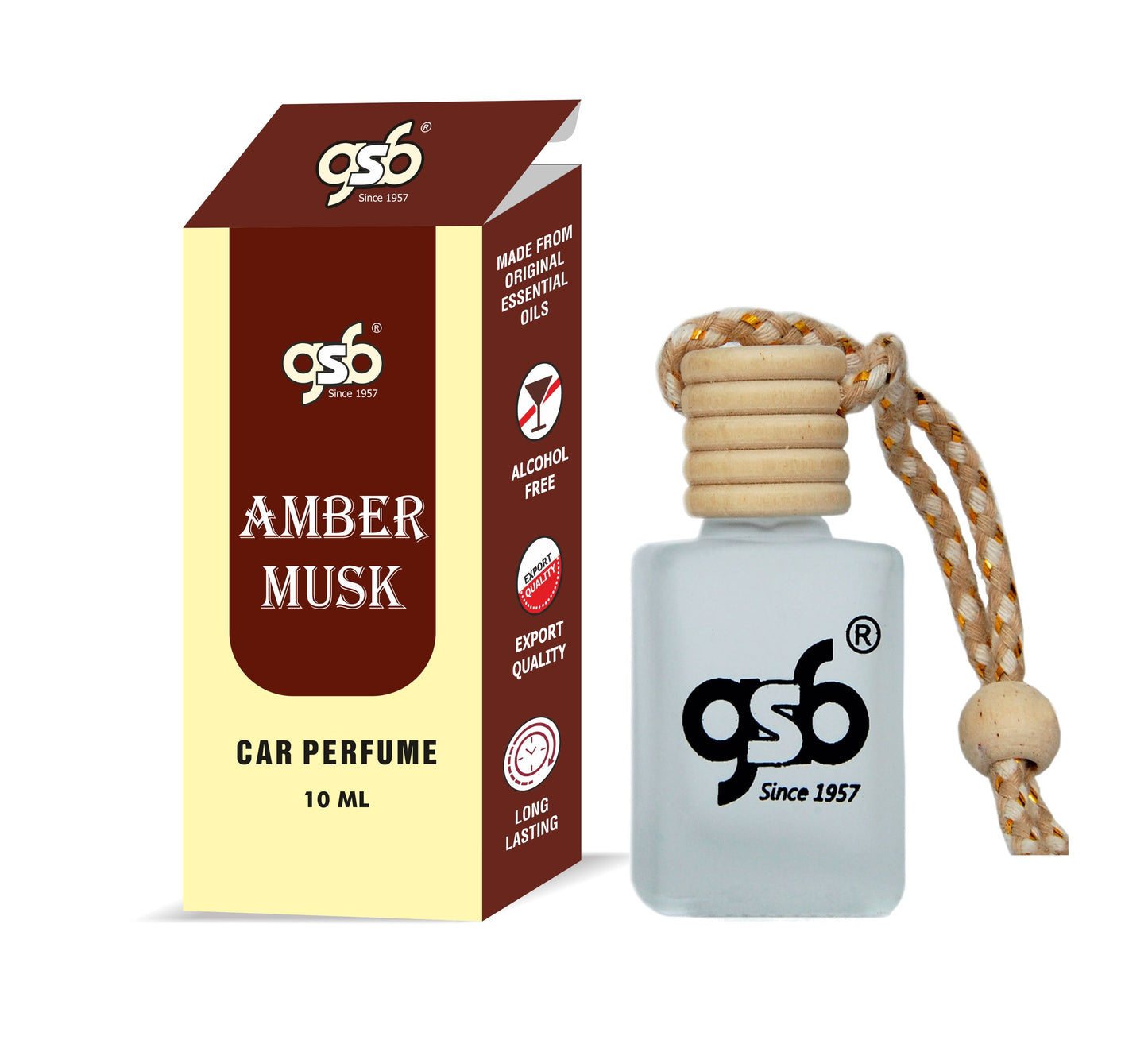 GSB Amber Musk Hanging Car Air Freshener | Long Lasting Car Perfume | Natural And Real Fragrance In Glass Bottle With Wooden Diffuser Lid | 10 Ml