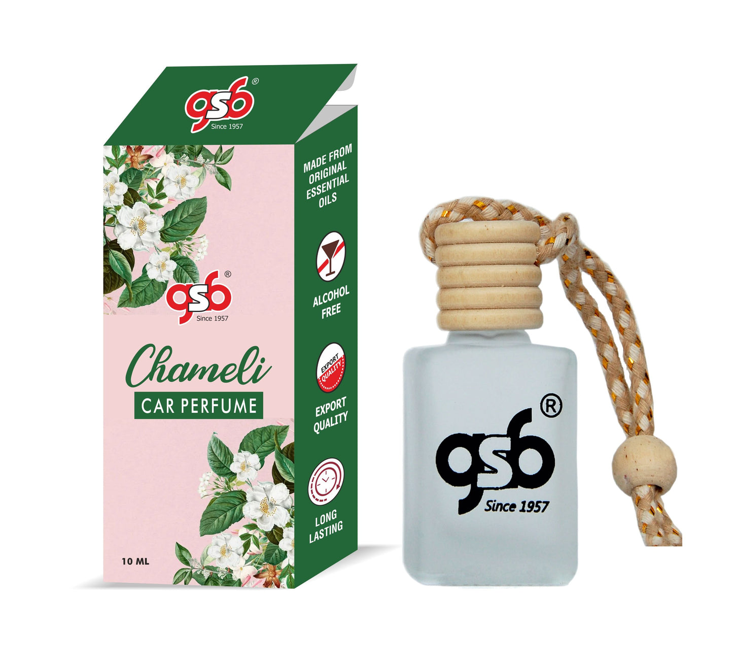 GSB Chameli Hanging Car Air Freshener | Long Lasting Car Perfume | Natural And Real Fragrance In Glass Bottle With Wooden Diffuser Lid | 10 Ml