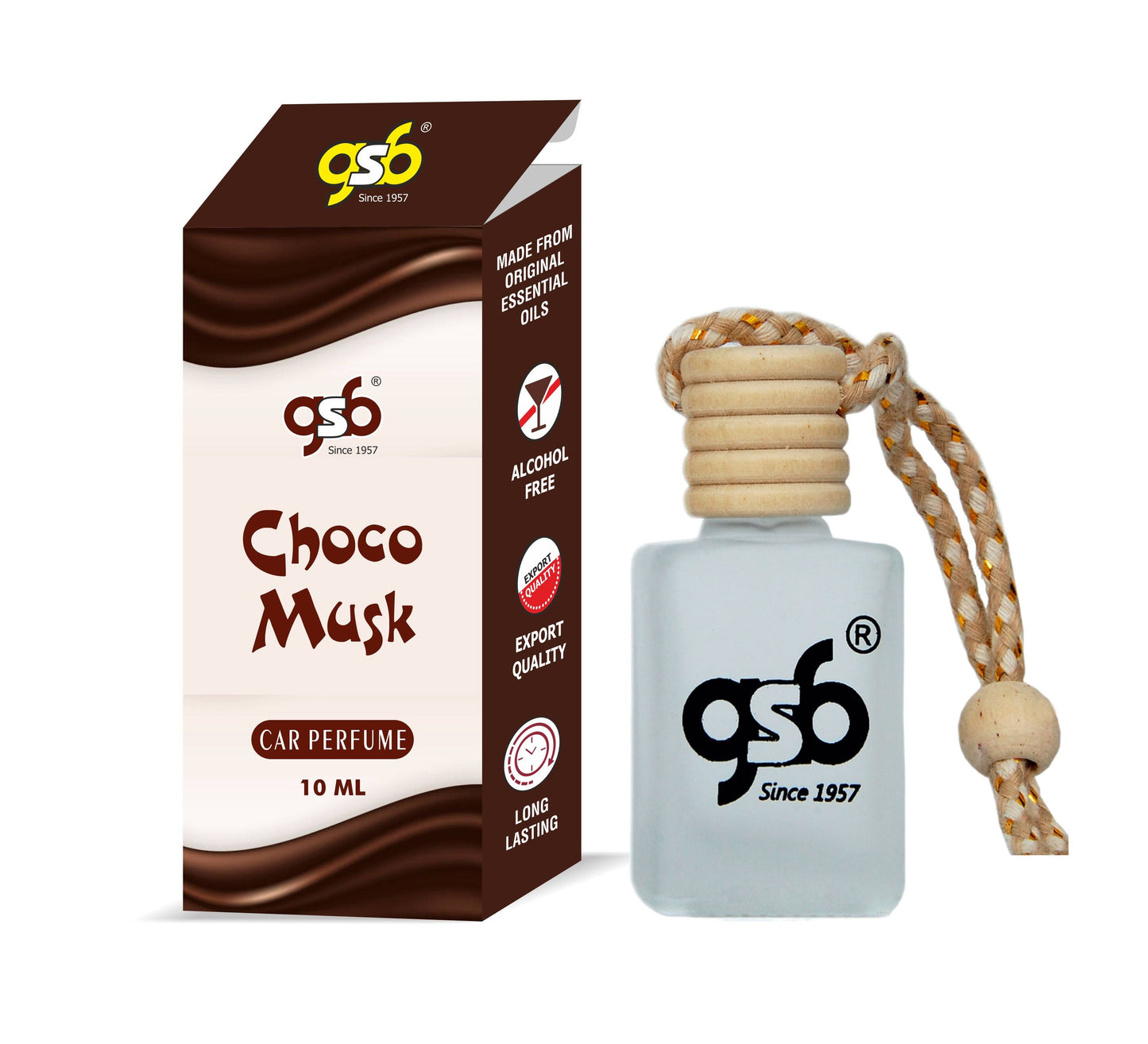 GSB Choco Musk Hanging Car Air Freshener | Long Lasting Car Perfume | Natural And Real Fragrance In Glass Bottle With Wooden Diffuser Lid | 10 Ml