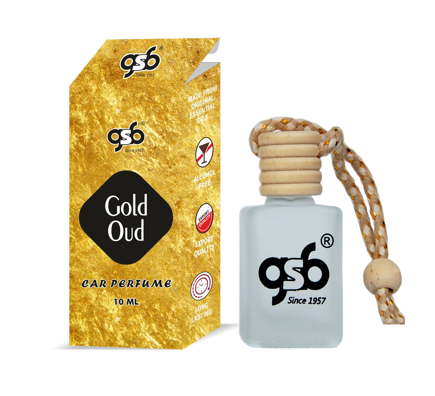 GSB Gold Oud Hanging Car Air Freshener | Long Lasting Car Perfume | Natural And Real Fragrance In Glass Bottle With Wooden Diffuser Lid | 10 Ml