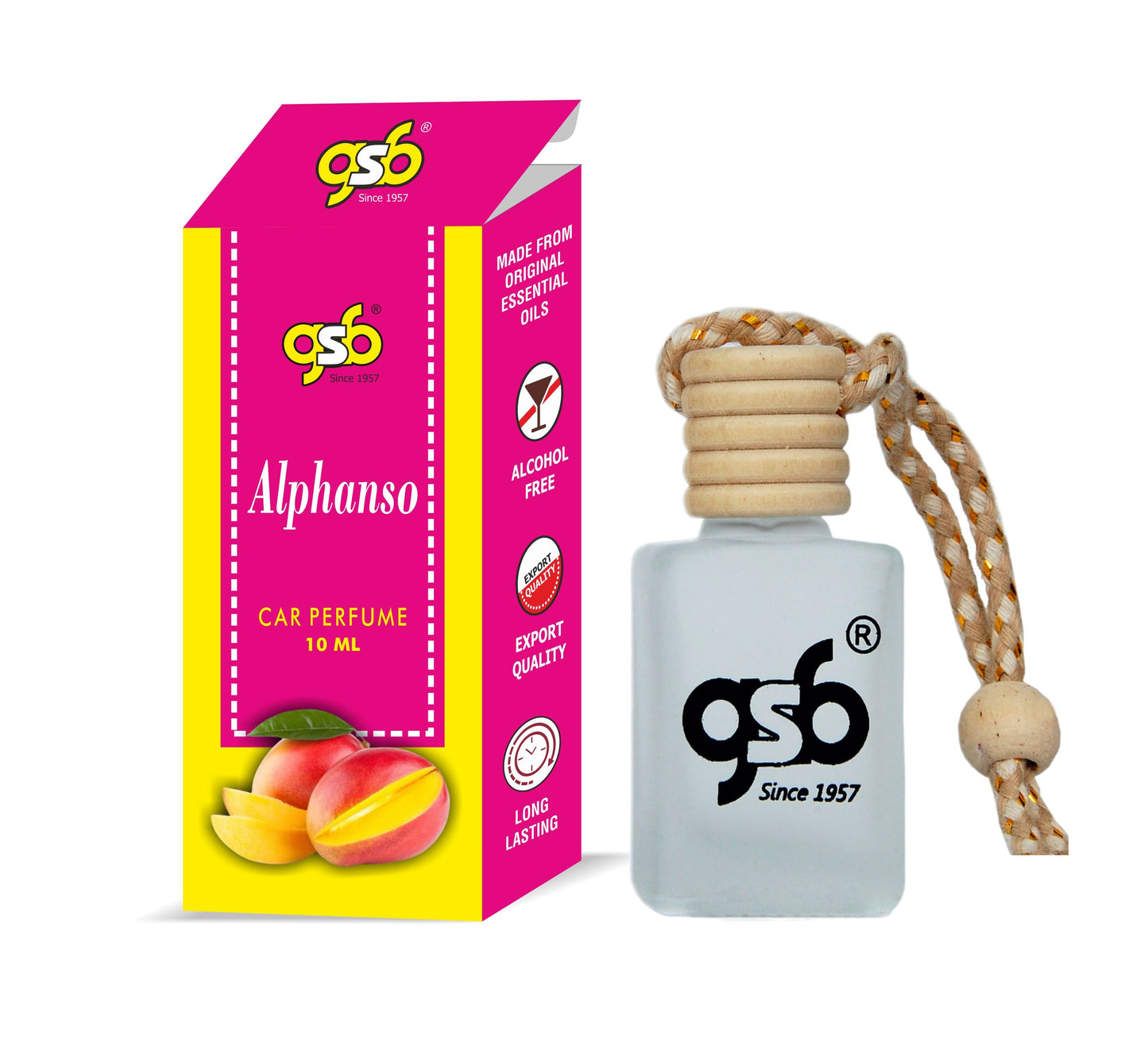 GSB Alphanso Hanging Car Air Freshener | Long Lasting Car Perfume | Natural And Real Fragrance In Glass Bottle With Wooden Diffuser Lid | 10 Ml