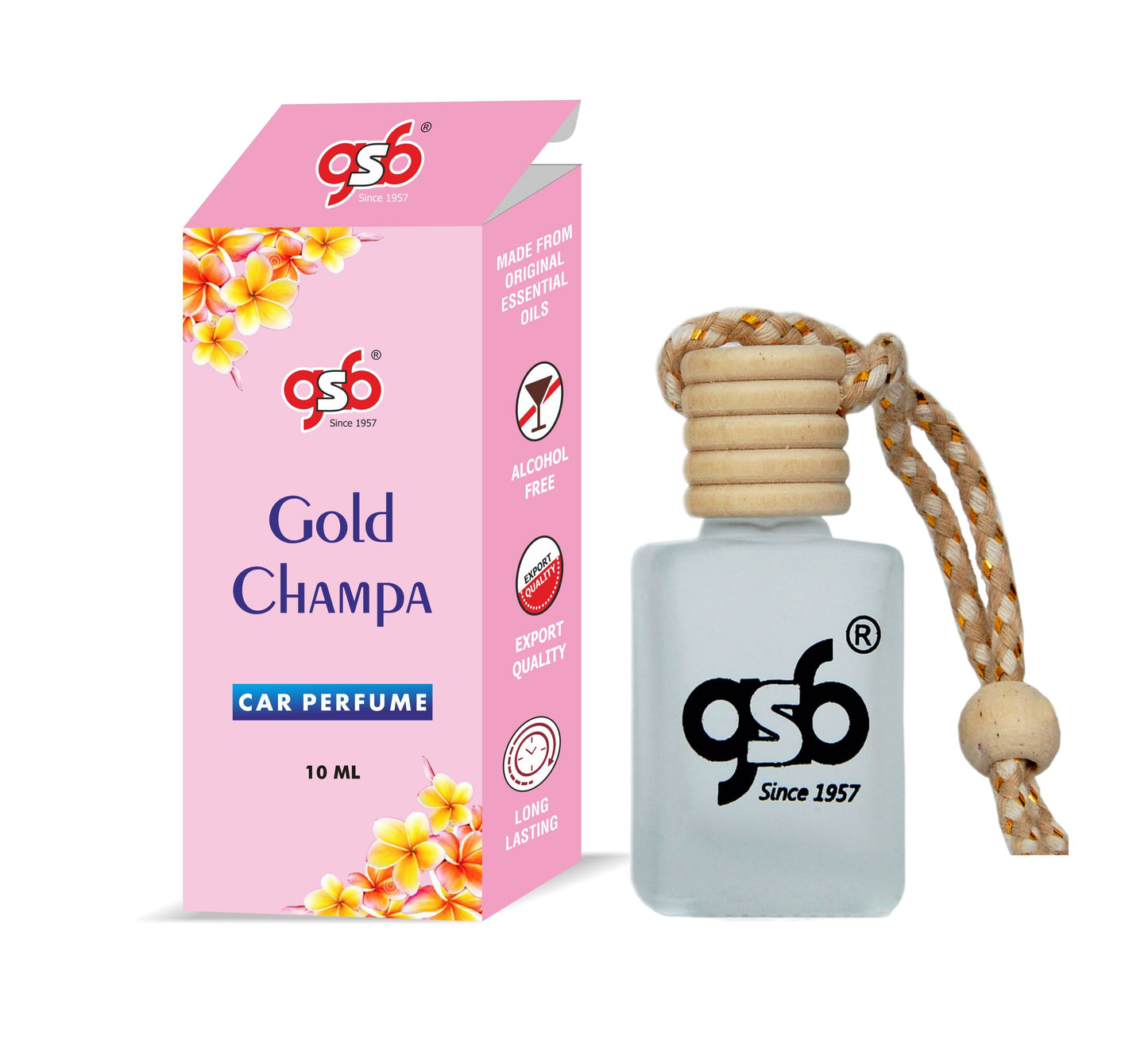 GSB Gold Champa Hanging Car Air Freshener | Long Lasting Car Perfume | Natural And Real Fragrance In Glass Bottle With Wooden Diffuser Lid | 10 Ml