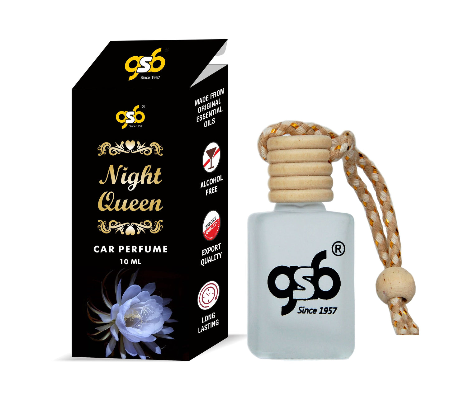 GSB Night Queen Hanging Car Air Freshener | Long Lasting Car Perfume | Natural And Real Fragrance In Glass Bottle With Wooden Diffuser Lid | 10 Ml