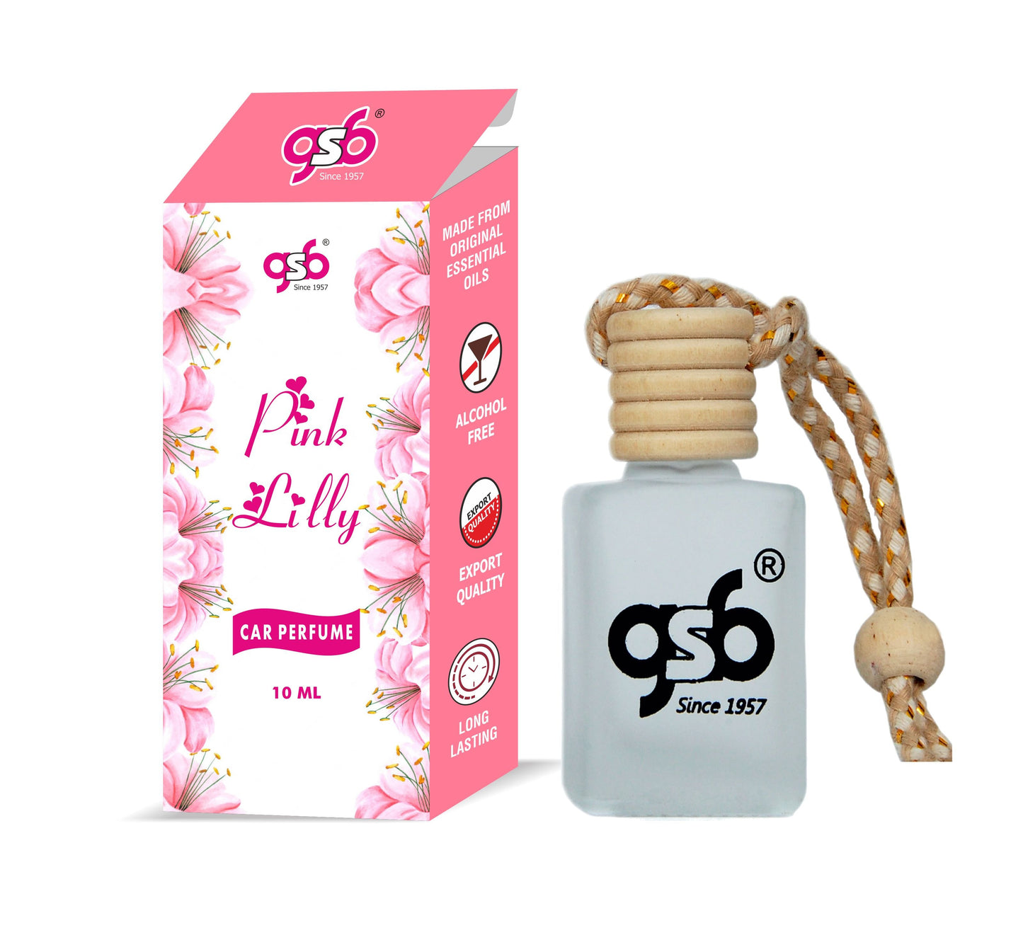 GSB Pink Lily Hanging Car Air Freshener | Long Lasting Car Perfume | Natural And Real Fragrance In Glass Bottle With Wooden Diffuser Lid | 10 Ml