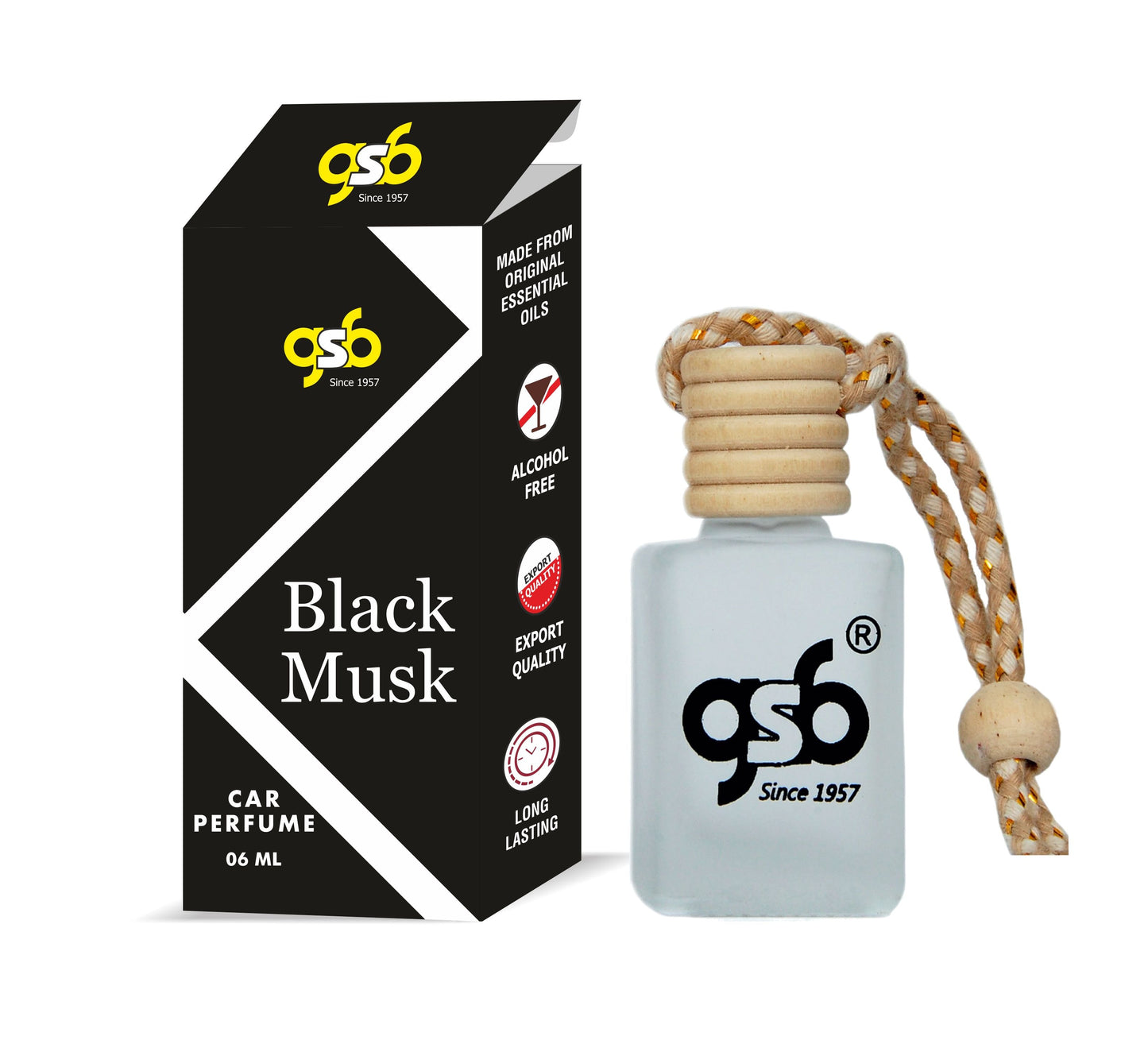 GSB Black Musk Hanging Car Air Freshener | Long Lasting Car Perfume | Natural And Real Fragrance In Glass Bottle With Wooden Diffuser Lid | 10 Ml