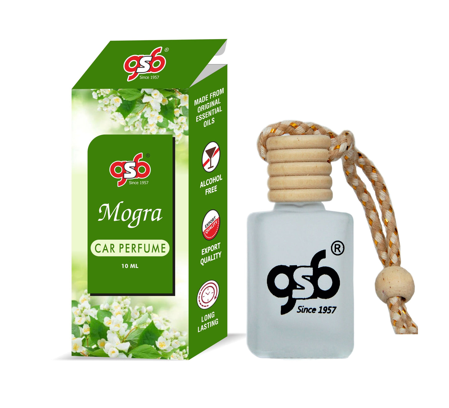 GSB Mogra Hanging Car Air Freshener | Long Lasting Car Perfume | Natural And Real Fragrance In Glass Bottle With Wooden Diffuser Lid | 10 Ml