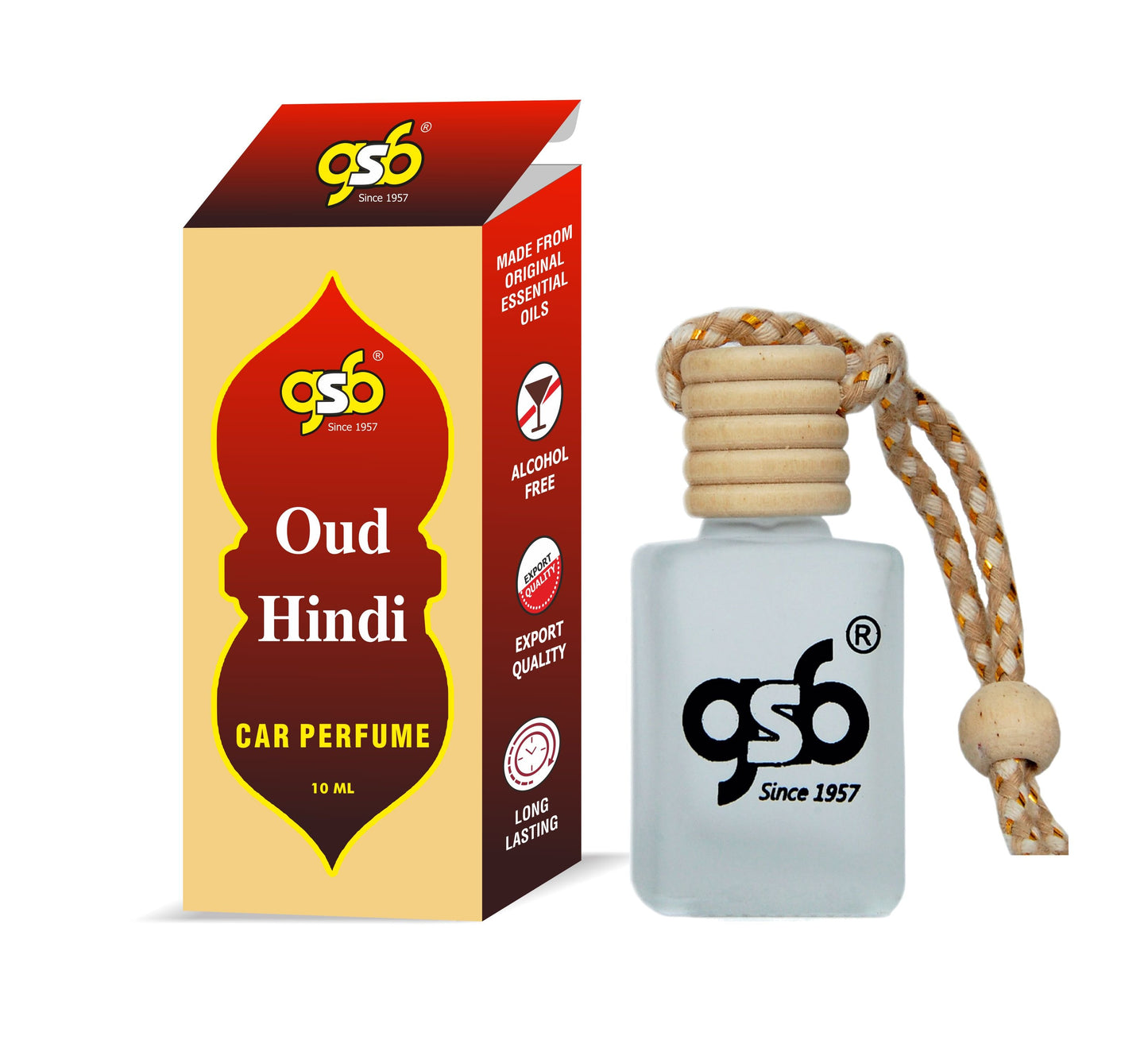 GSB Oud Hindi Hanging Car Air Freshener | Long Lasting Car Perfume | Natural And Real Fragrance In Glass Bottle With Wooden Diffuser Lid | 10 Ml