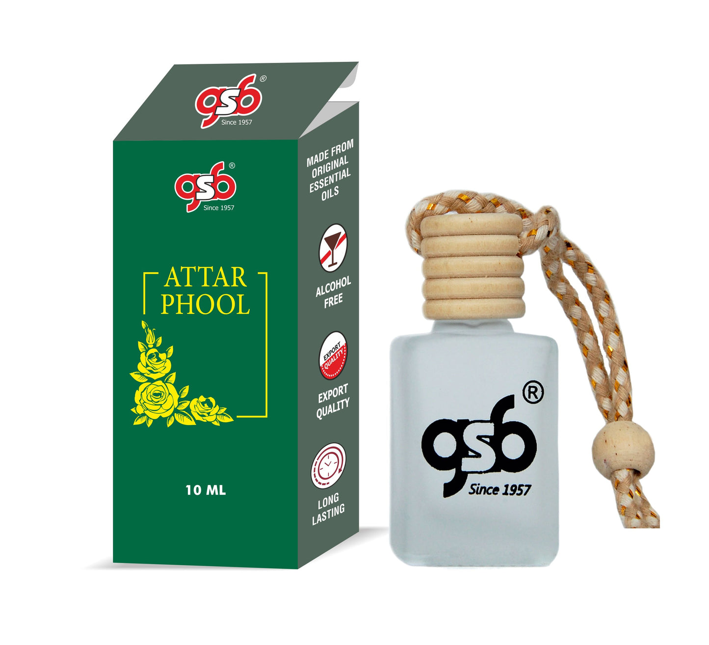 GSB Attar Phool Hanging Car Air Freshener | Long Lasting Car Perfume | Natural And Real Fragrance In Glass Bottle With Wooden Diffuser Lid | 10 Ml