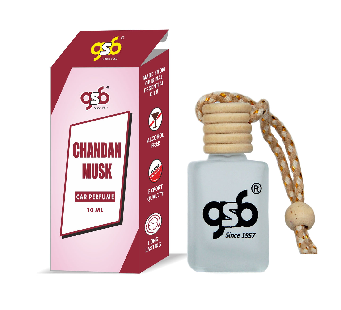 GSB Chandan Musk Hanging Car Air Freshener | Long Lasting Car Perfume | Natural And Real Fragrance In Glass Bottle With Wooden Diffuser Lid | 10 Ml