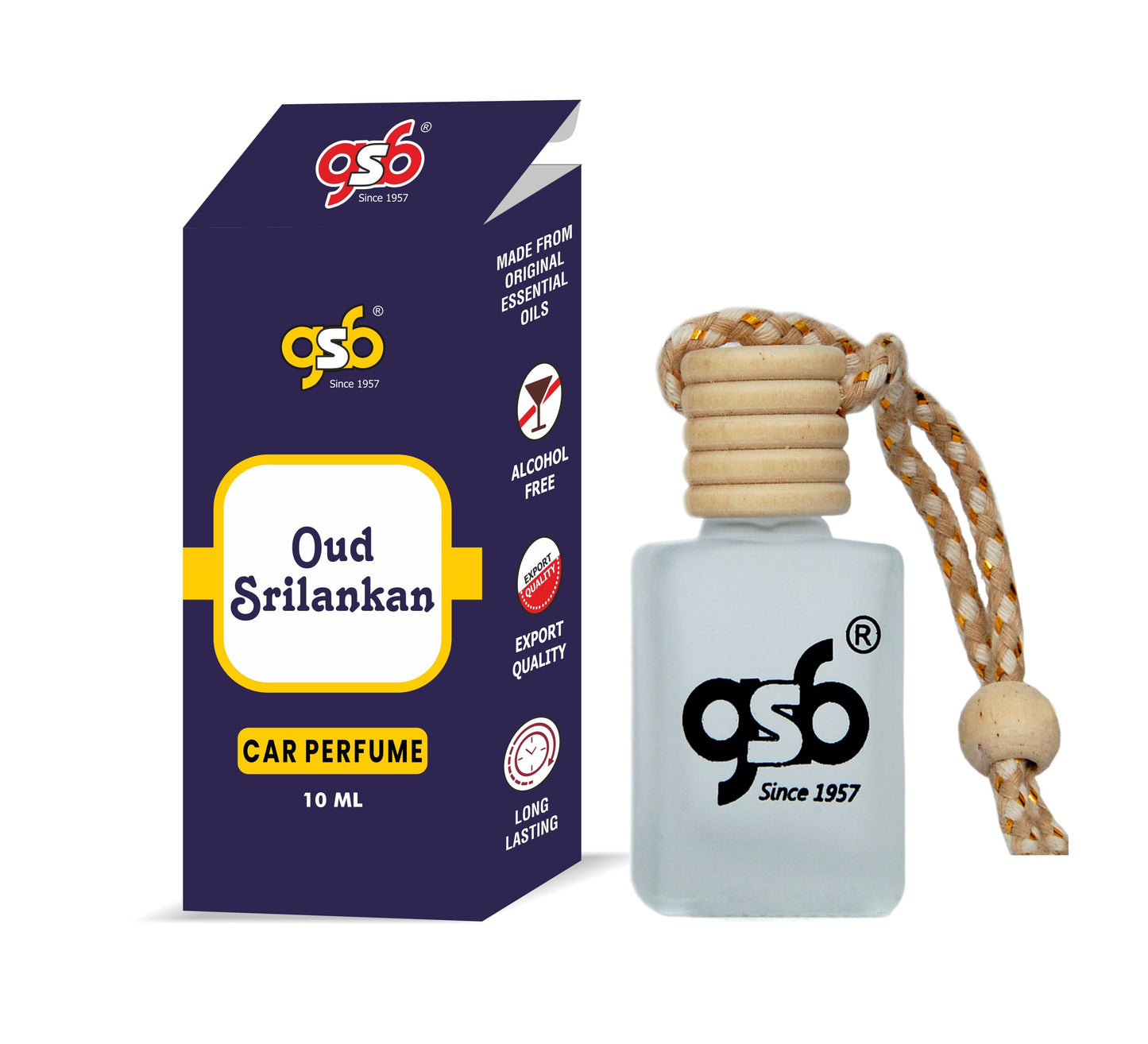 GSB Oud Srilankan Hanging Car Air Freshener | Long Lasting Car Perfume | Natural And Real Fragrance In Glass Bottle With Wooden Diffuser Lid | 10 Ml