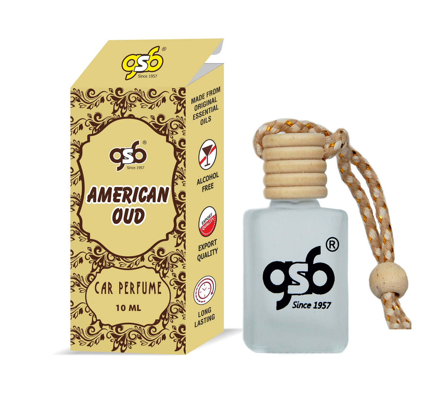 GSB American Oud Hanging Car Air Freshener | Long Lasting Car Perfume | Natural And Real Fragrance In Glass Bottle With Wooden Diffuser Lid | 10 Ml