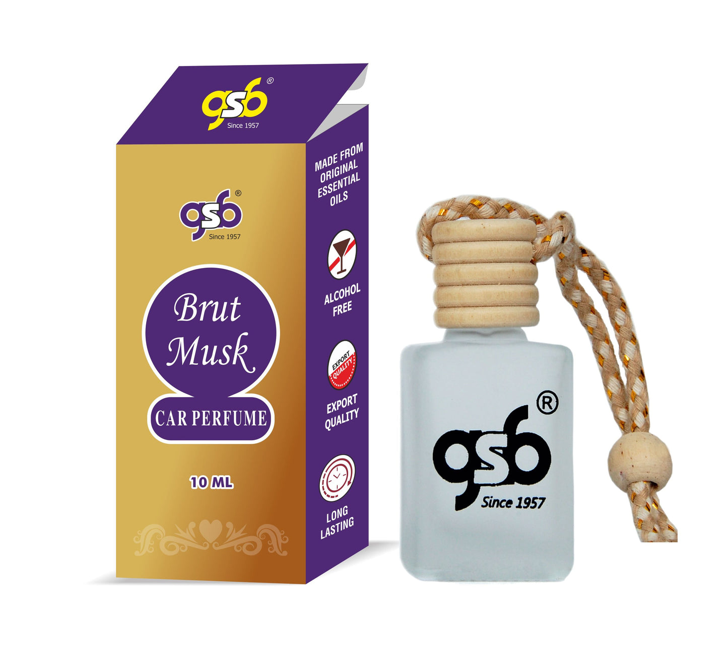 GSB Brut Musk Hanging Car Air Freshener | Long Lasting Car Perfume | Natural And Real Fragrance In Glass Bottle With Wooden Diffuser Lid | 10 Ml