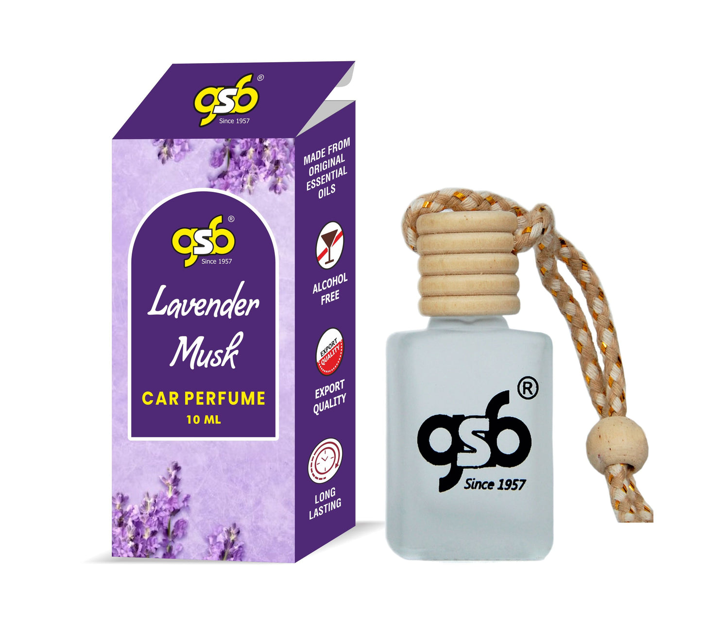 GSB Lavender Musk Hanging Car Air Freshener | Long Lasting Car Perfume | Natural And Real Fragrance In Glass Bottle With Wooden Diffuser Lid | 10 Ml
