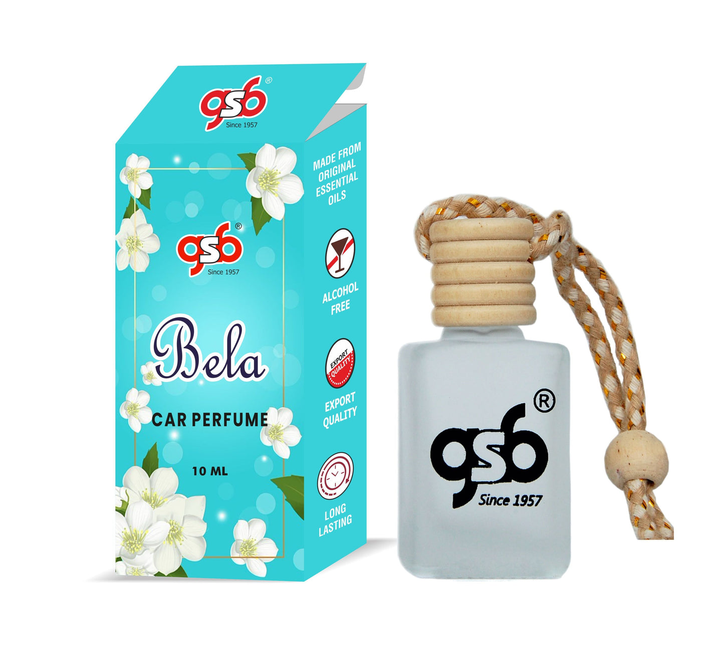 GSB Bela Hanging Car Air Freshener | Long Lasting Car Perfume | Natural And Real Fragrance In Glass Bottle With Wooden Diffuser Lid | 10 Ml