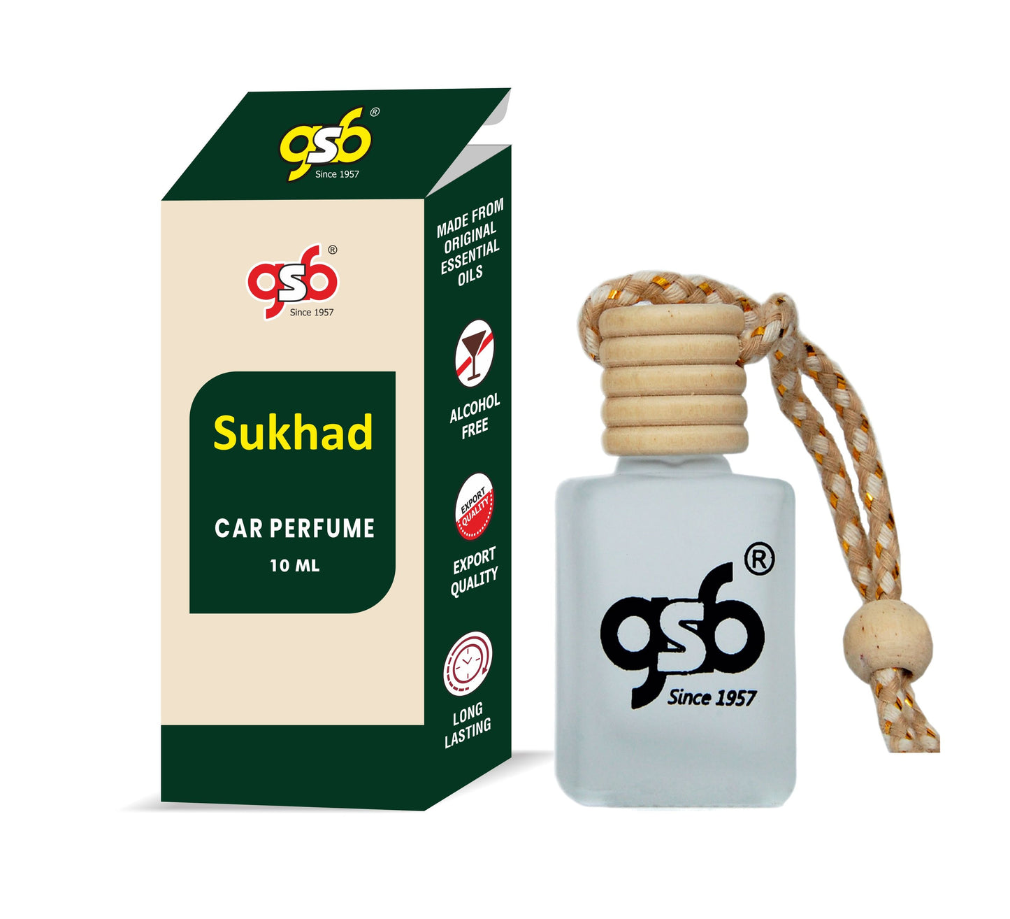 GSB Sukhad Hanging Car Air Freshener | Long Lasting Car Perfume | Natural And Real Fragrance In Glass Bottle With Wooden Diffuser Lid | 10 Ml