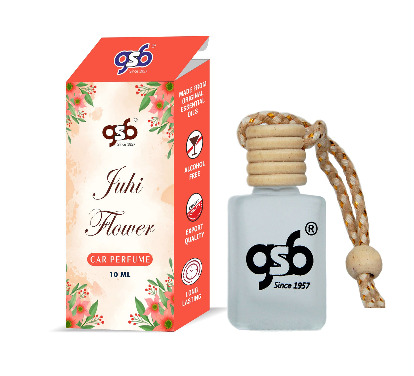 GSB Juhi Flower Hanging Car Air Freshener | Long Lasting Car Perfume | Natural And Real Fragrance In Glass Bottle With Wooden Diffuser Lid | 10 Ml
