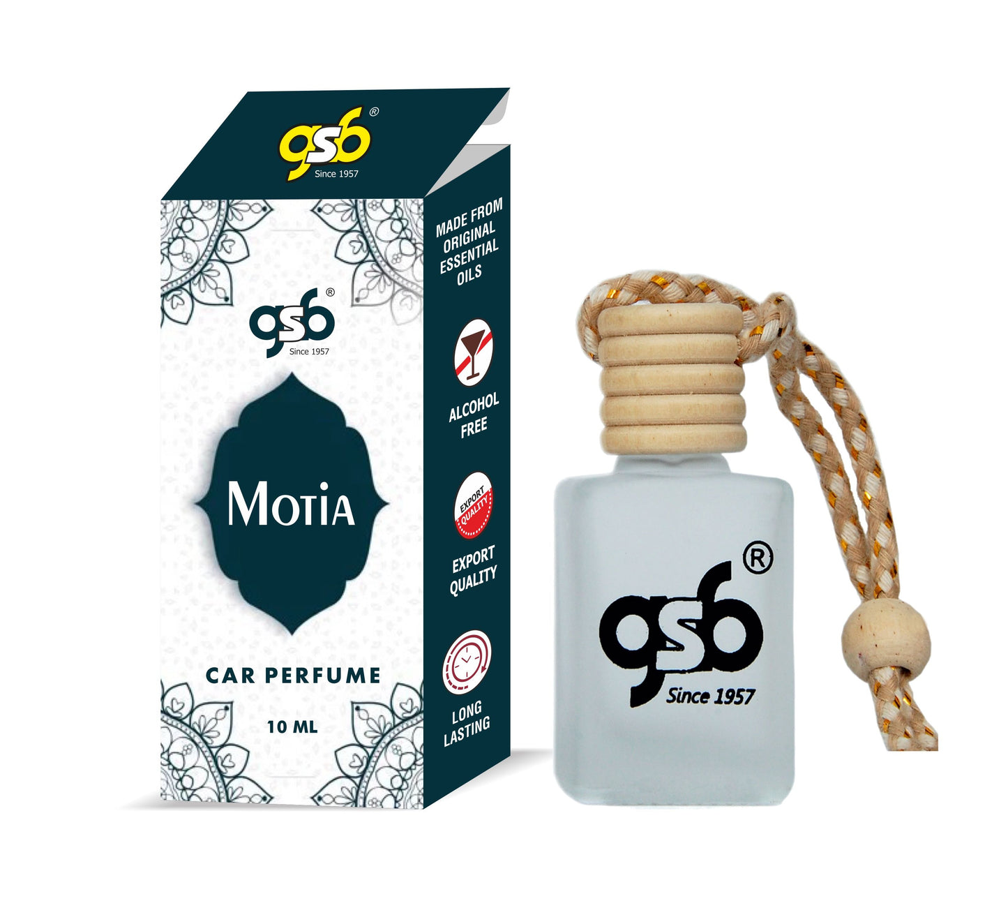 GSB Motia Hanging Car Air Freshener | Long Lasting Car Perfume | Natural And Real Fragrance In Glass Bottle With Wooden Diffuser Lid | 10 Ml