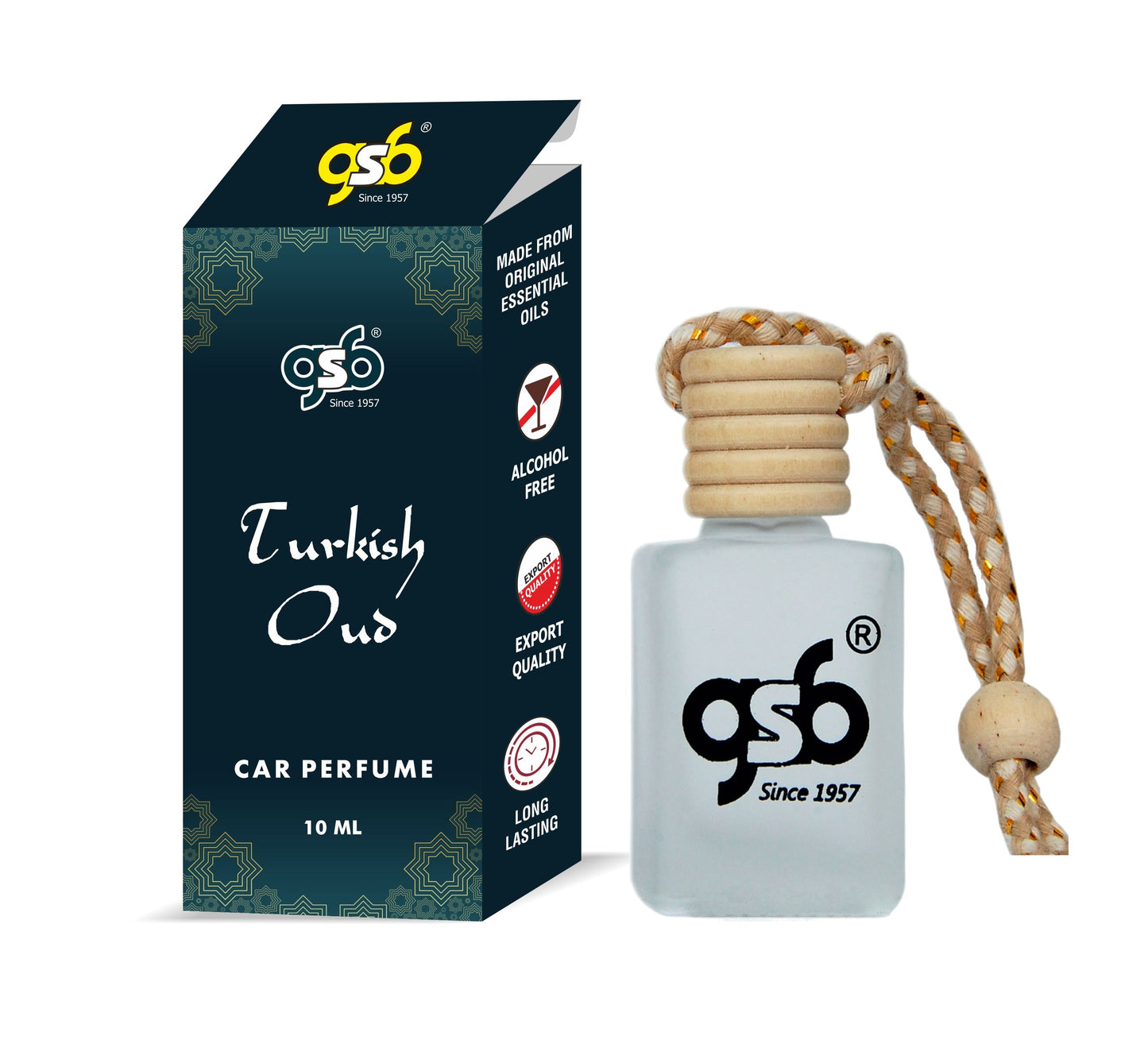 GSB Turkish Oud Hanging Car Air Freshener | Long Lasting Car Perfume | Natural And Real Fragrance In Glass Bottle With Wooden Diffuser Lid | 10 Ml