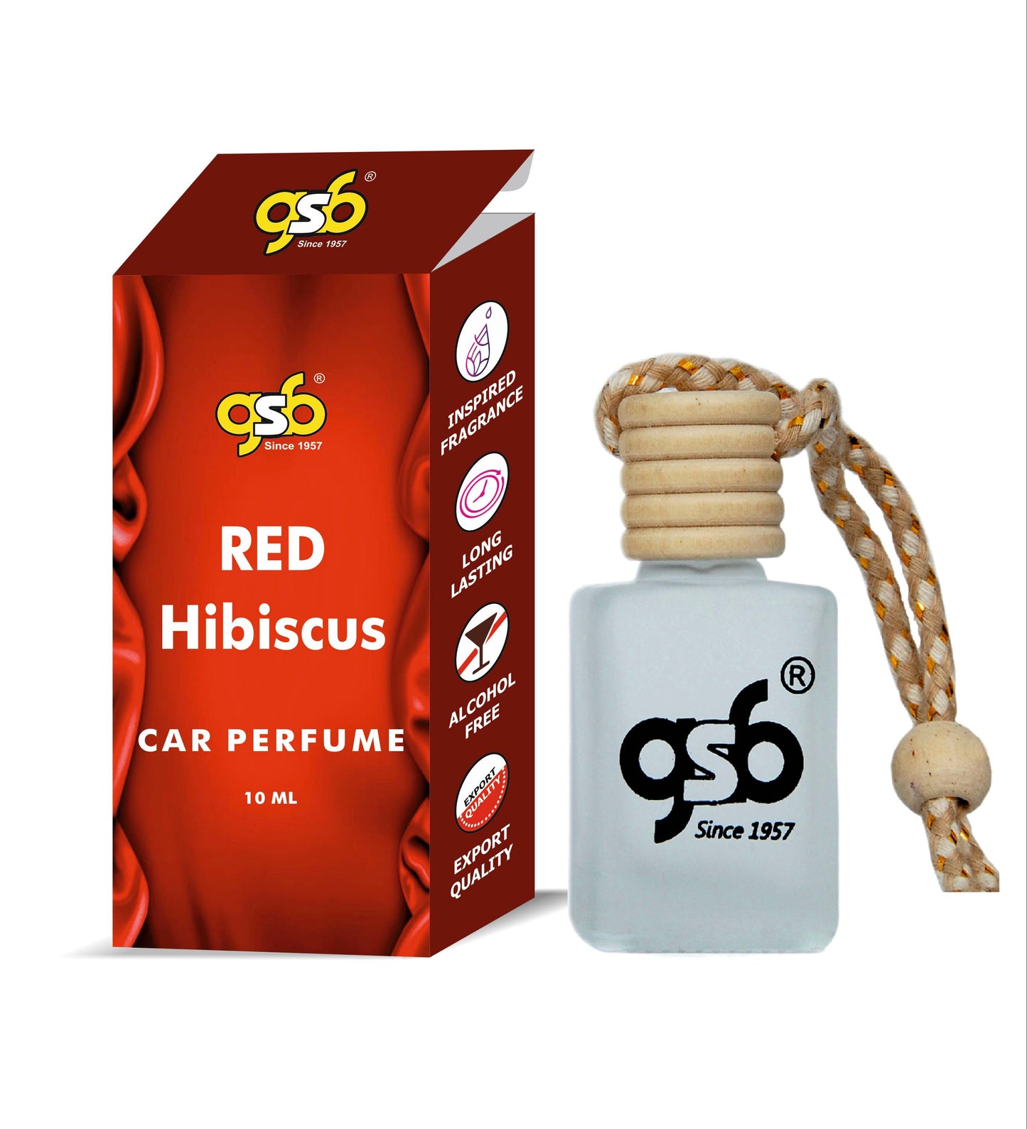 GSB Red Hibiscus Hanging Car Air Freshener Inspired From Ja Milan Red Hibiscus | Natural Fragrance In Glass Bottle With Wooden Diffuser Lid | 10 Ml