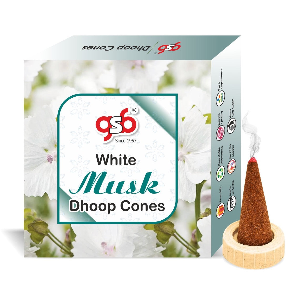 GSB White Musk Premium Dhoop Cones with Stand Holder in Box | Dhoop Cone | No Charcoal | No Bamboo