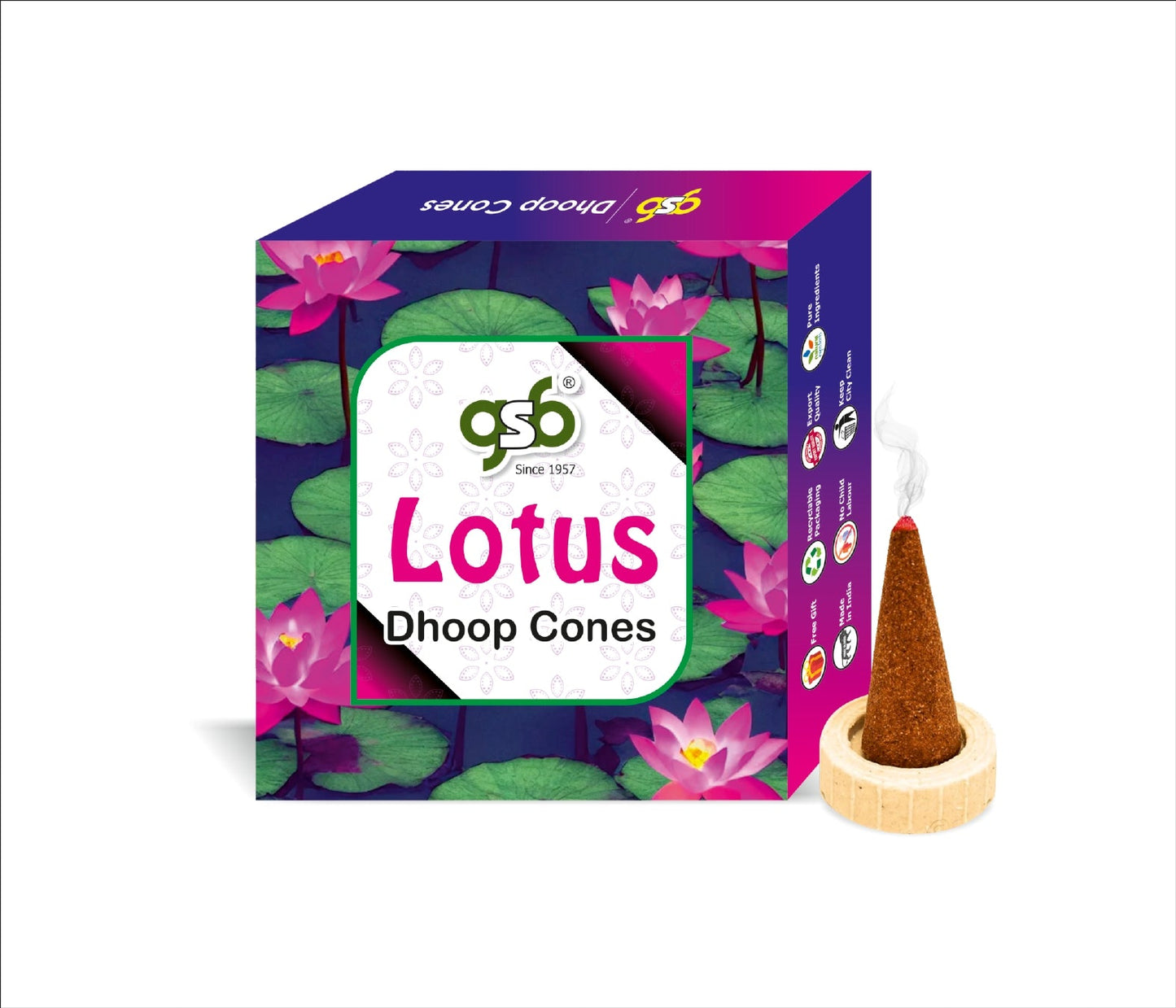 GSB Lotus Premium Dhoop Cones with Stand Holder in Box | Dhoop Cones | No Charcoal | No Bamboo