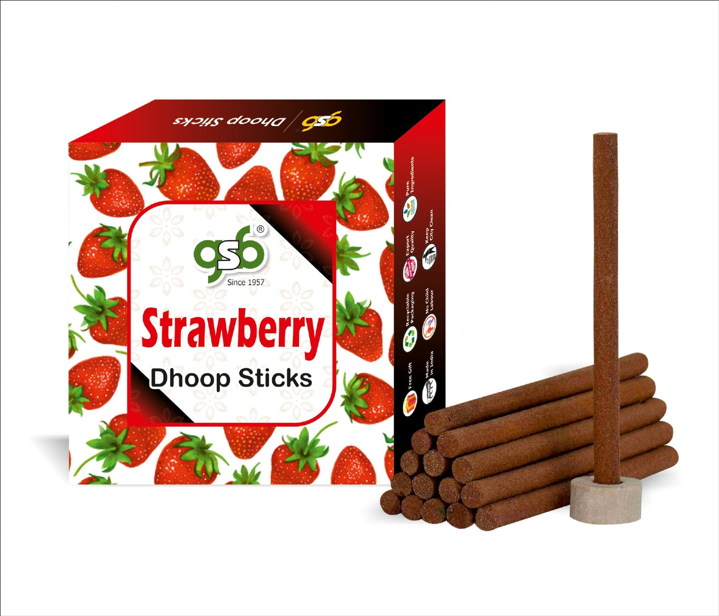 GSB Strawberry Premium Dhoop Sticks with Stand Holder in Box. | Dhoop Sticks | No Charcoal | No Bamboo