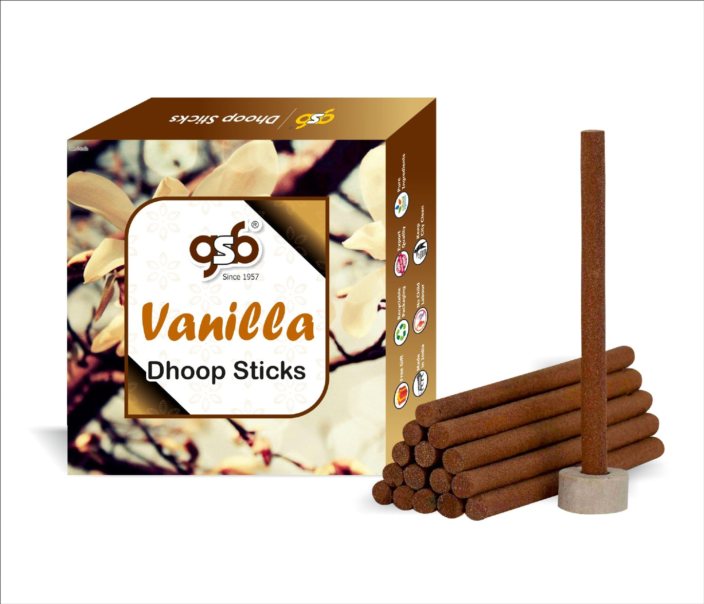 GSB Vanilla Premium Dhoop Sticks with Stand Holder in Box. | Dhoop Sticks | No Charcoal | No Bamboo
