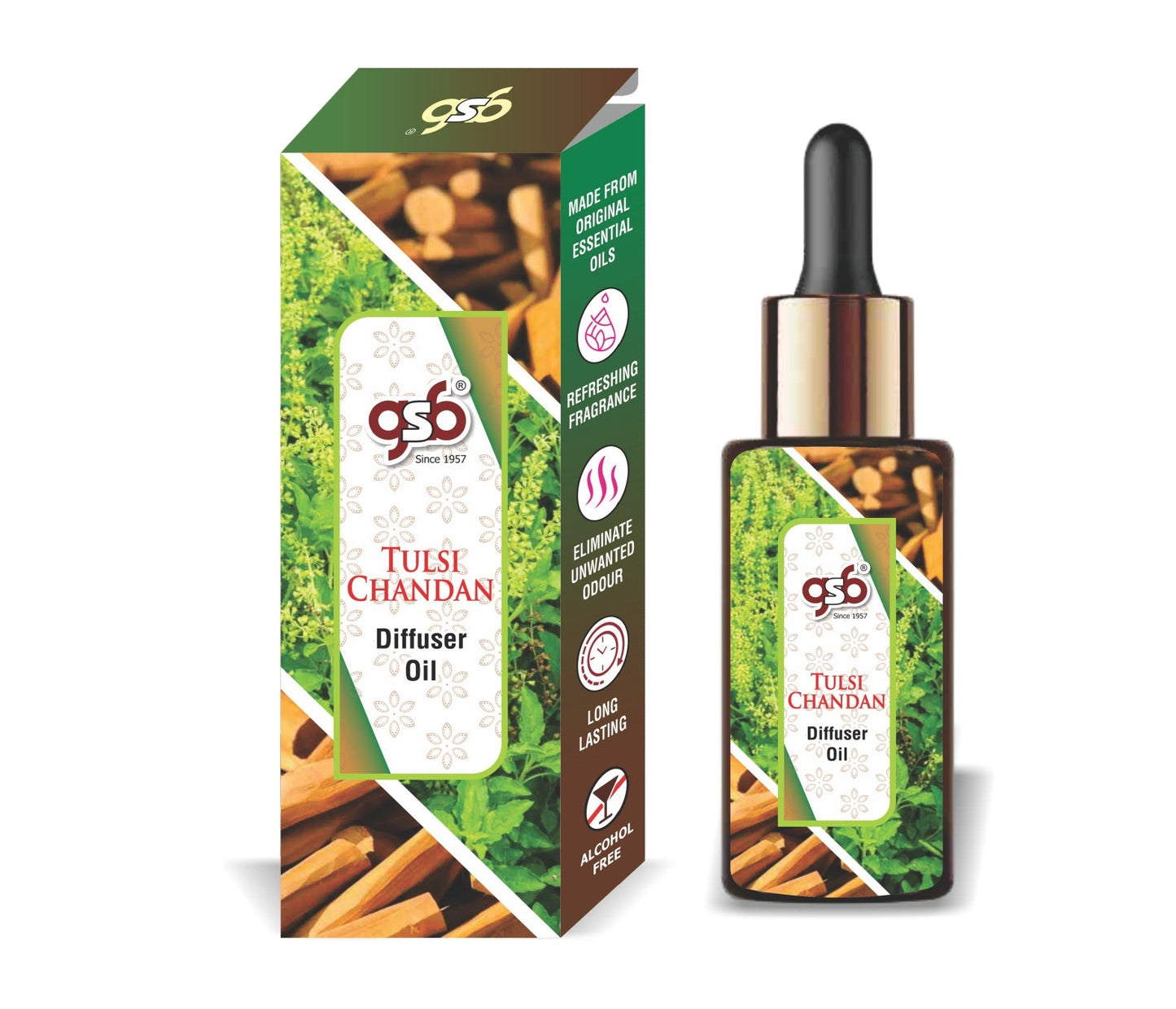 GSB Tulsi Chandan Diffuser Oil | Used In Reed Diffuser, Candle Burner, Electric Diffuser, Humidifiers and Air Revitalizer | Aromatherapy Oil