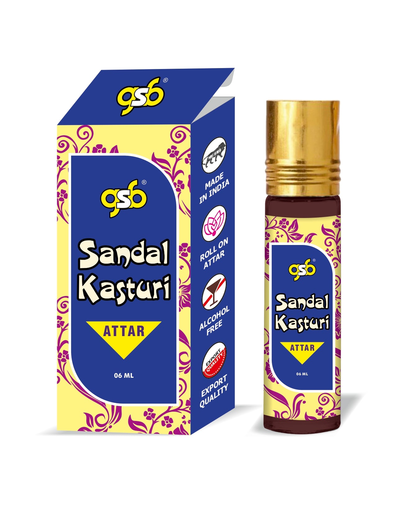 GSB Sandal Kasturi Pure Natural Attar/Itra/Perfume Roll On | Alcohol Free | Long Lasting | Undiluted | Unisex | 6 ml