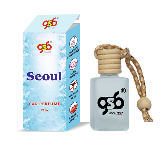 GSB Seoul Hanging Car Air Freshener Inspired From Zrra Seoul | Natural Fragrance In Glass Bottle With Wooden Diffuser Lid | 10 Ml