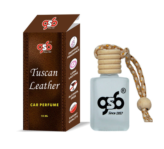 GSB Tuscan Leather Hanging Car Air Freshener Inspired From Tuscan Leather Fom Tord | Natural Fragrance In Glass Bottle With Wooden Diffuser Lid | 10 Ml