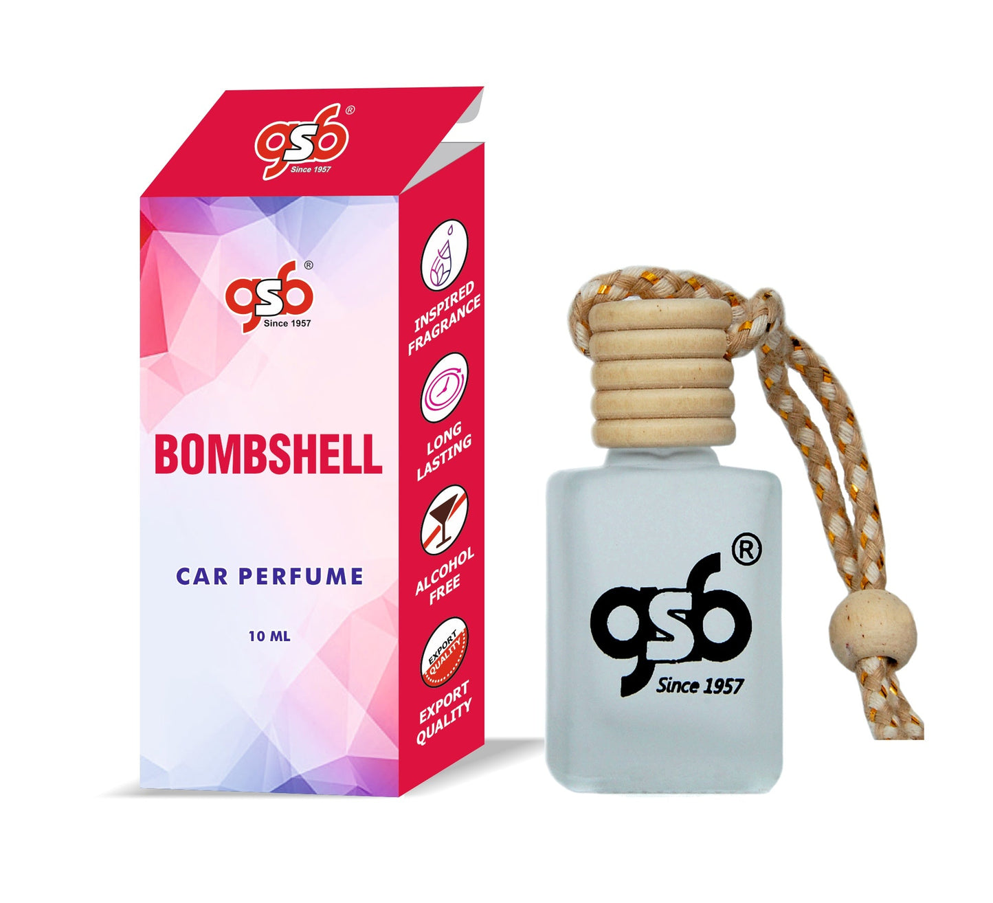 GSB Bombshell Hanging Car Air Freshener Inspired From Vitorcia Secret Bombshell | Natural Fragrance In Glass Bottle With Wooden Diffuser Lid | 10 Ml