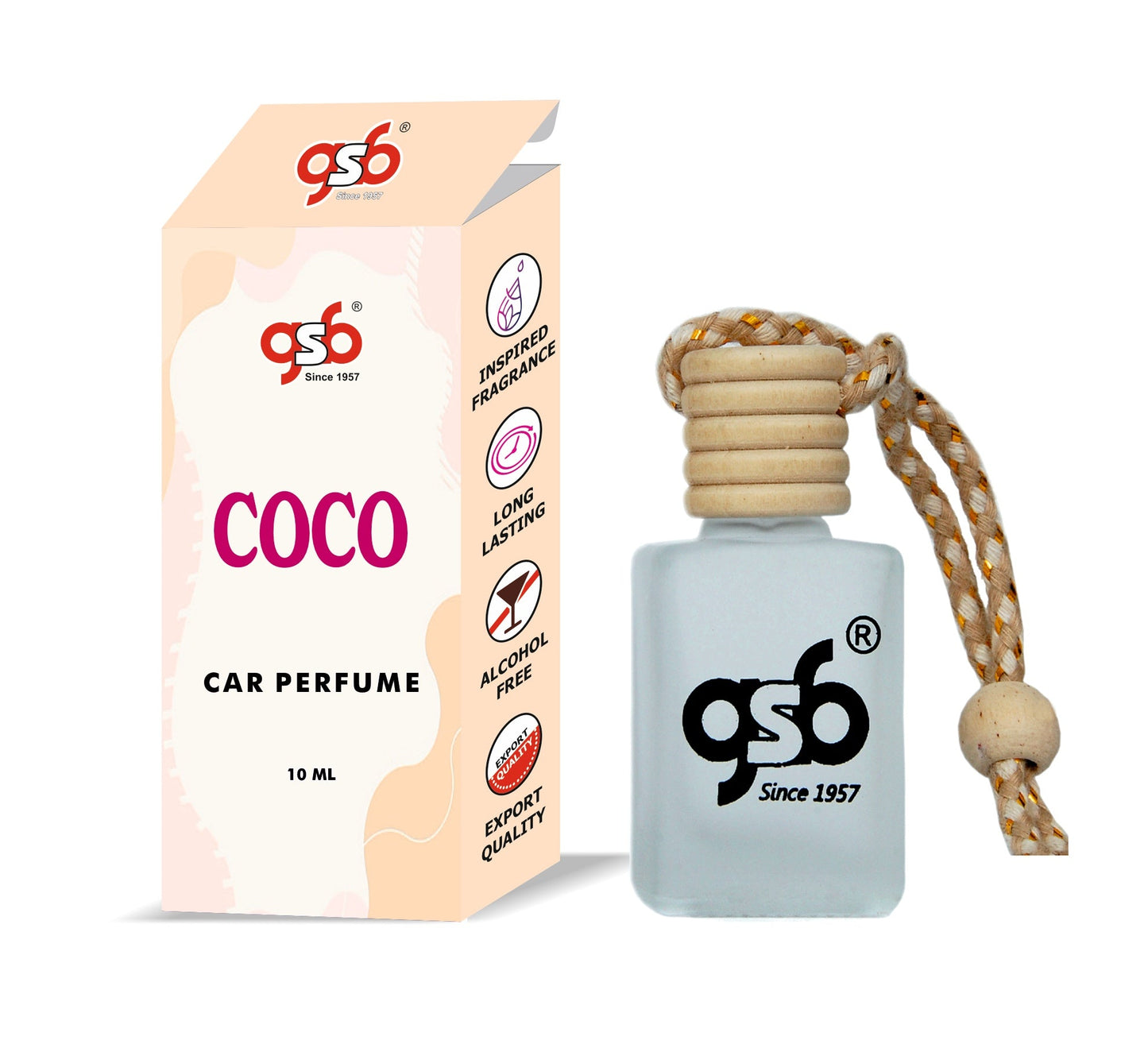 GSB Coco Hanging Car Air Freshener Inspired From Coco Chneal | Natural Fragrance In Glass Bottle With Wooden Diffuser Lid | 10 Ml