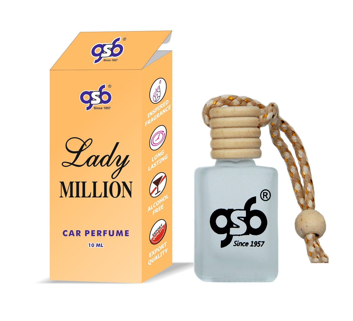 GSB Lady Million Hanging Car Air Freshener Inspired From Pcao Rbbane Lady Million | Natural Fragrance In Glass Bottle With Wooden Diffuser Lid | 10 Ml