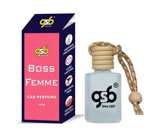 GSB Boss Femme Hanging Car Air Freshener Inspired From  Huge Boss Femme | Natural Fragrance In Glass Bottle With Wooden Diffuser Lid | 10 Ml