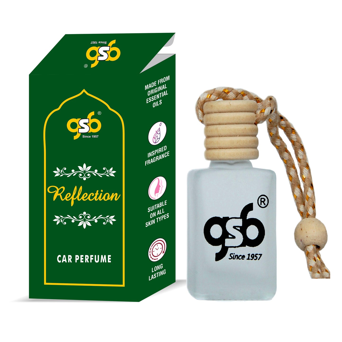 GSB Reflection Hanging Car Air Freshener Inspired From Amage Reflection | Natural Fragrance In Glass Bottle With Wooden Diffuser Lid | 10 Ml