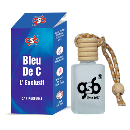 GSB Bleu De C L'Exclusif Hanging Car Air Freshener Inspired From Bleu De Chneal L'Exclusif | Natural Fragrance In Glass Bottle With Wooden Diffuser Lid | 10 Ml