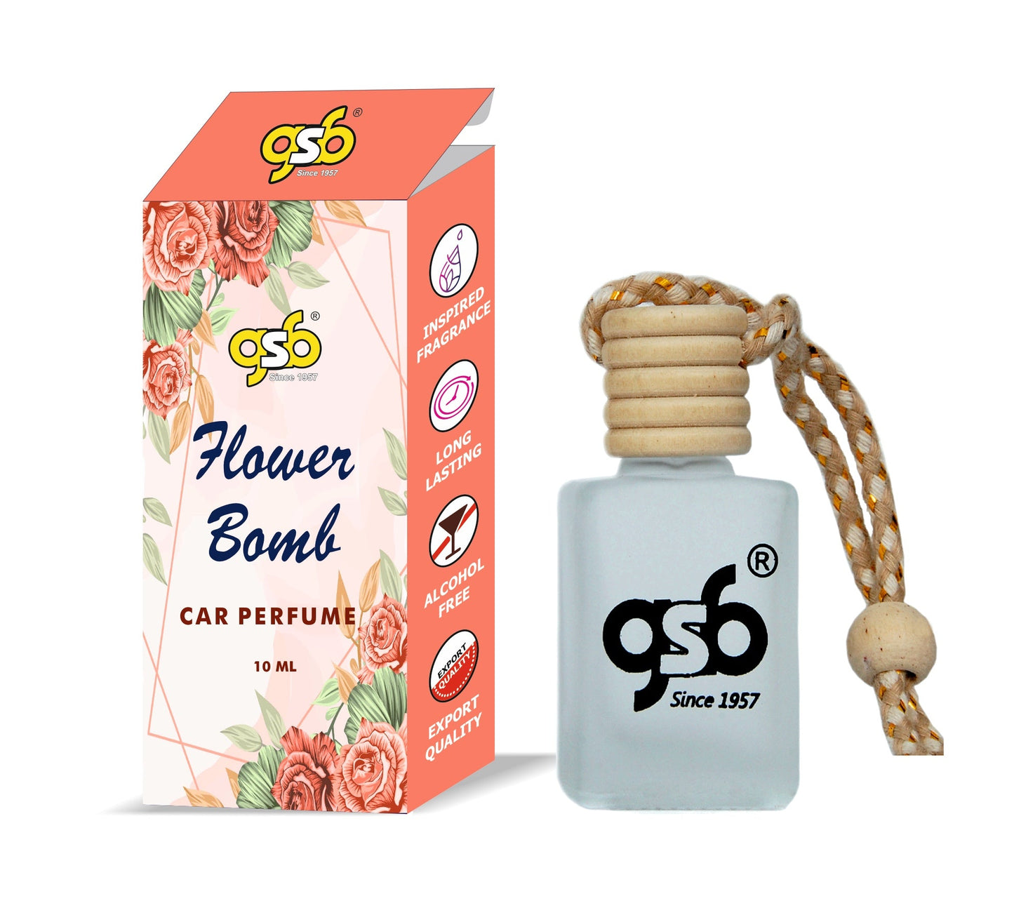 GSB Flower Bomb Hanging Car Air Freshener Inspired From Victor Ralf Flower Bomb  | Natural Fragrance In Glass Bottle With Wooden Diffuser Lid | 10 Ml
