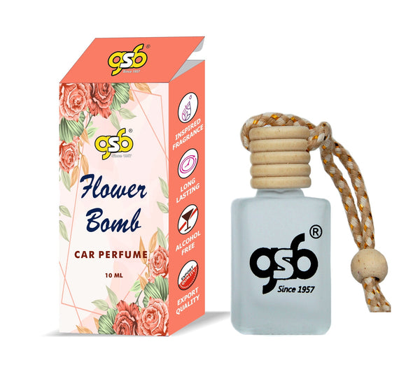 GSB Flower Bomb Hanging Car Air Freshener Inspired From Victor Ralf Flower Bomb  | Natural Fragrance In Glass Bottle With Wooden Diffuser Lid | 10 Ml