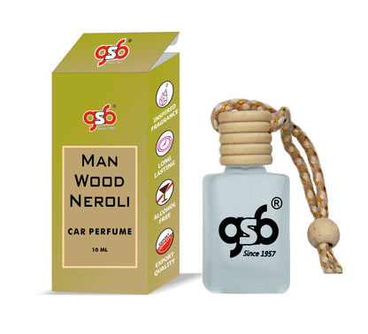 GSB Man Wood Hanging Car Air Freshener Inspired From Man Wood Neroli Bulgri | Natural Fragrance In Glass Bottle With Wooden Diffuser Lid | 10 Ml