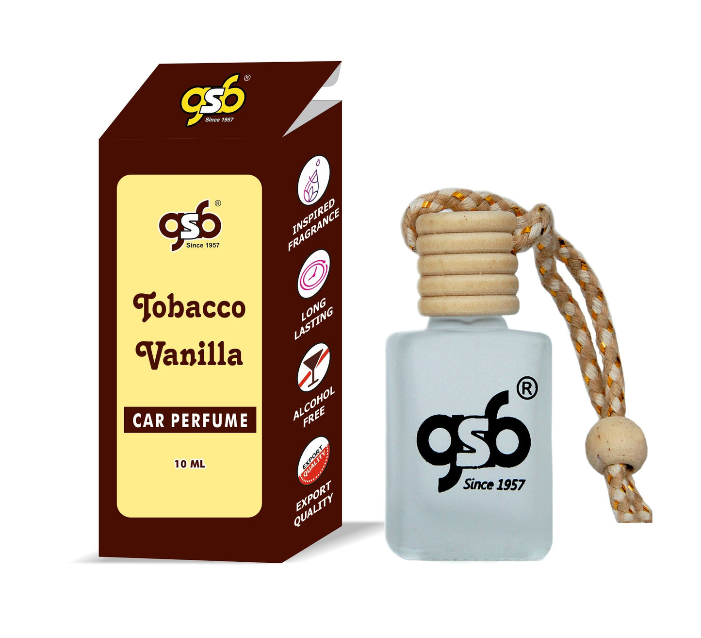 GSB Tobacco Vanilla Hanging Car Air Freshener Inspired From Fom Tord Tobacco Vanilla | Natural Fragrance In Glass Bottle With Wooden Diffuser Lid | 10 Ml