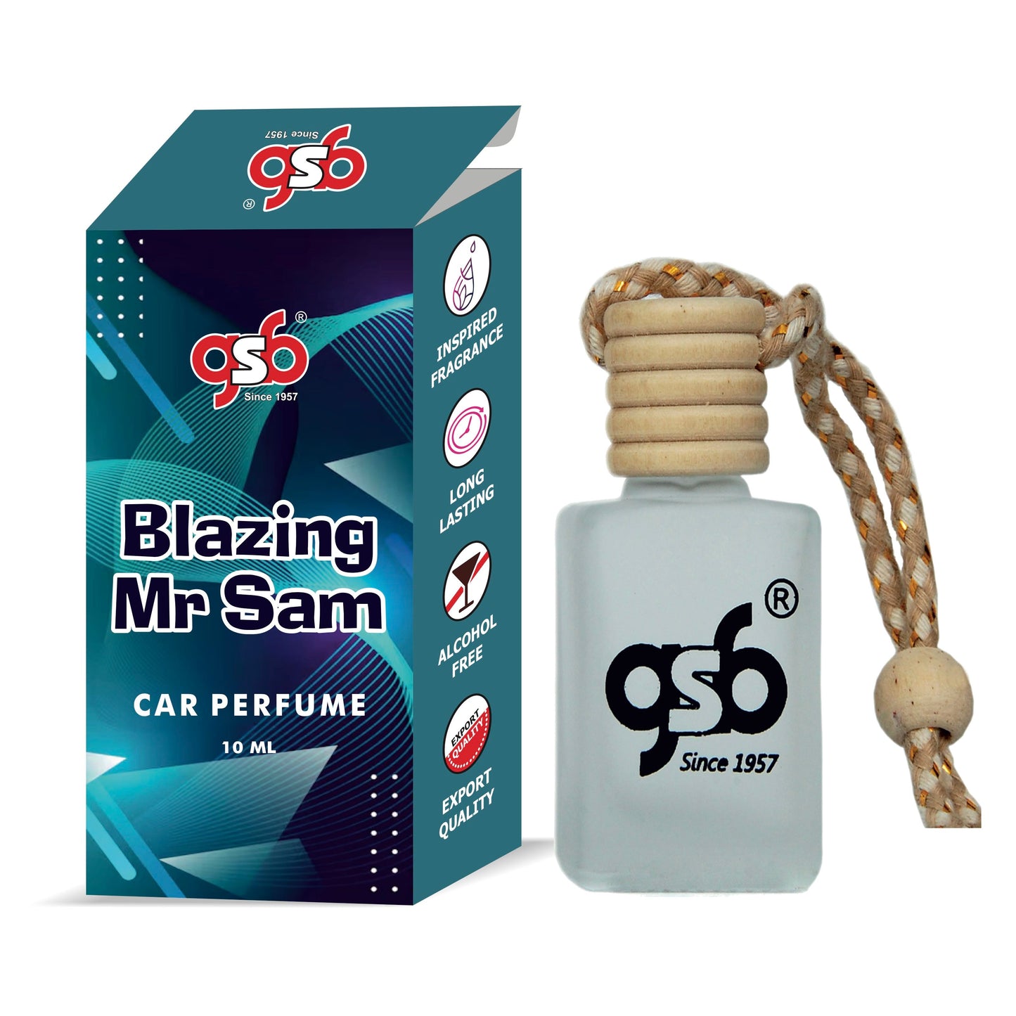 GSB Blazing Mr Sam Hanging Car Air Freshener Inspired From Penbaligon Blazing Mr Sam | Natural Fragrance In Glass Bottle With Wooden Diffuser Lid | 10 Ml