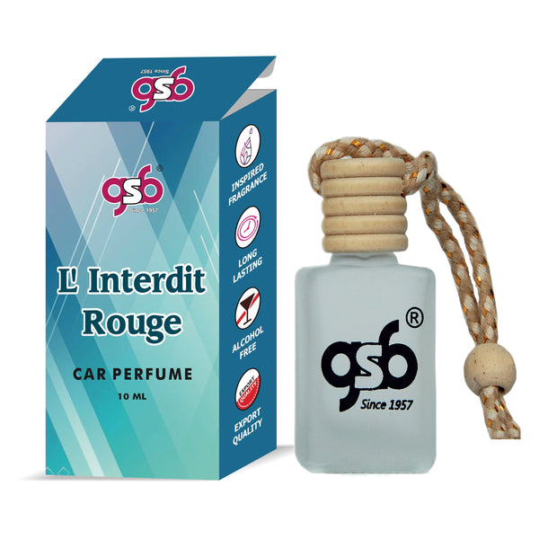 GSB  L' Interdit Rouge Hanging Car Air Freshener Inspired From Gvinchy  L'Interdit Rouge | Natural Fragrance In Glass Bottle With Wooden Diffuser Lid | 10 Ml